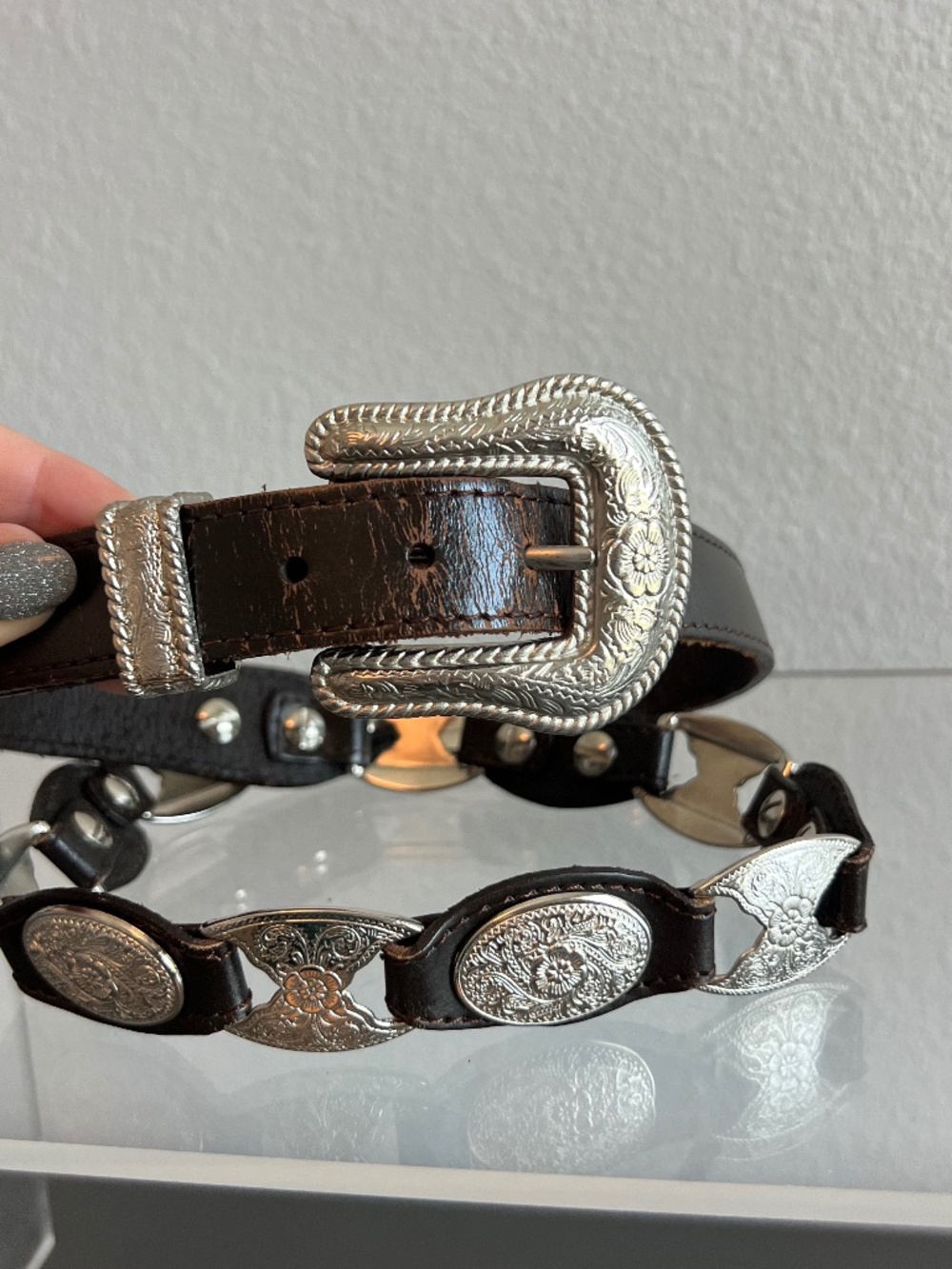 Vintage Western Leather Concho Belt Boho Southwestern Cowgirl Rodeo L